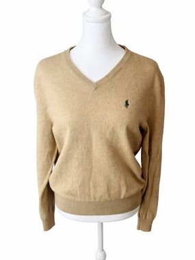 Ralph Lauren Camel V-Neck Sweater with Polo Logo